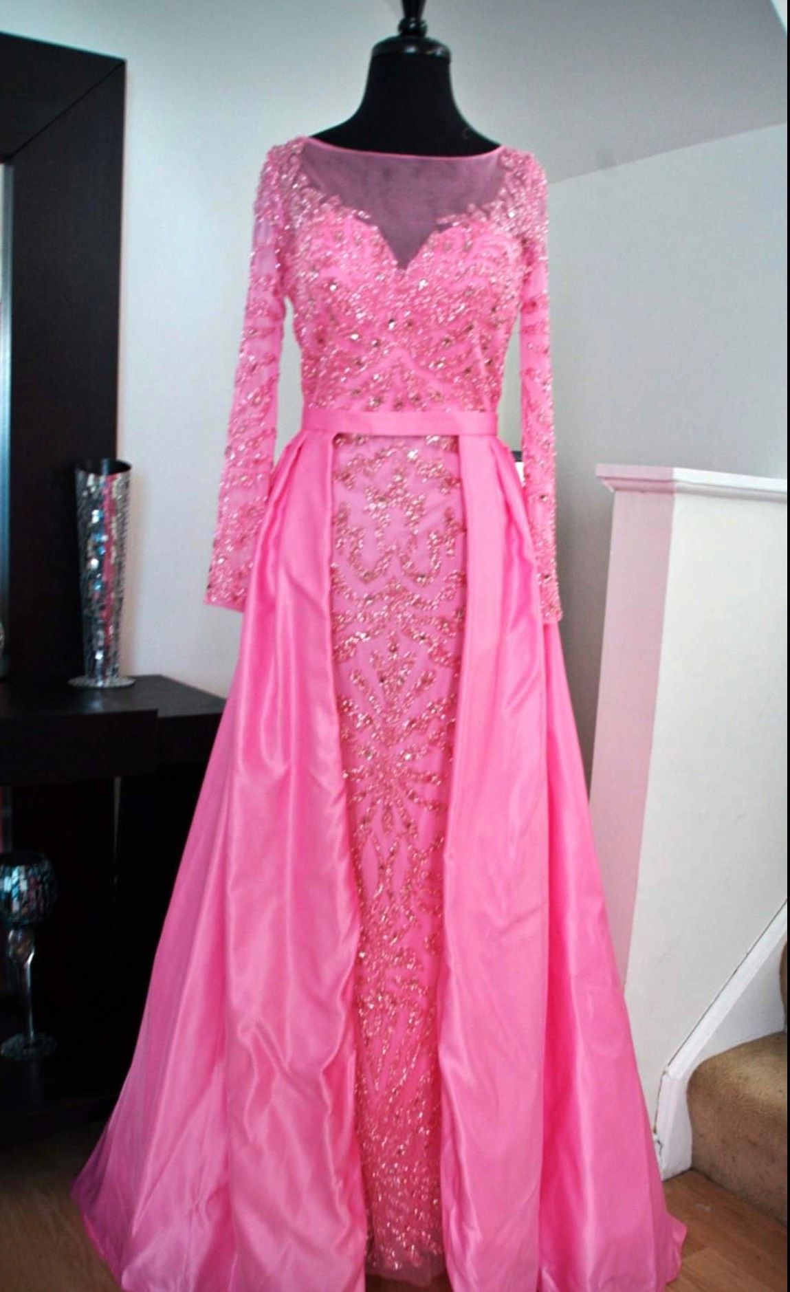 Size 8 Prom Long Sleeve Sequined Hot Pink Dress With Train on Queenly