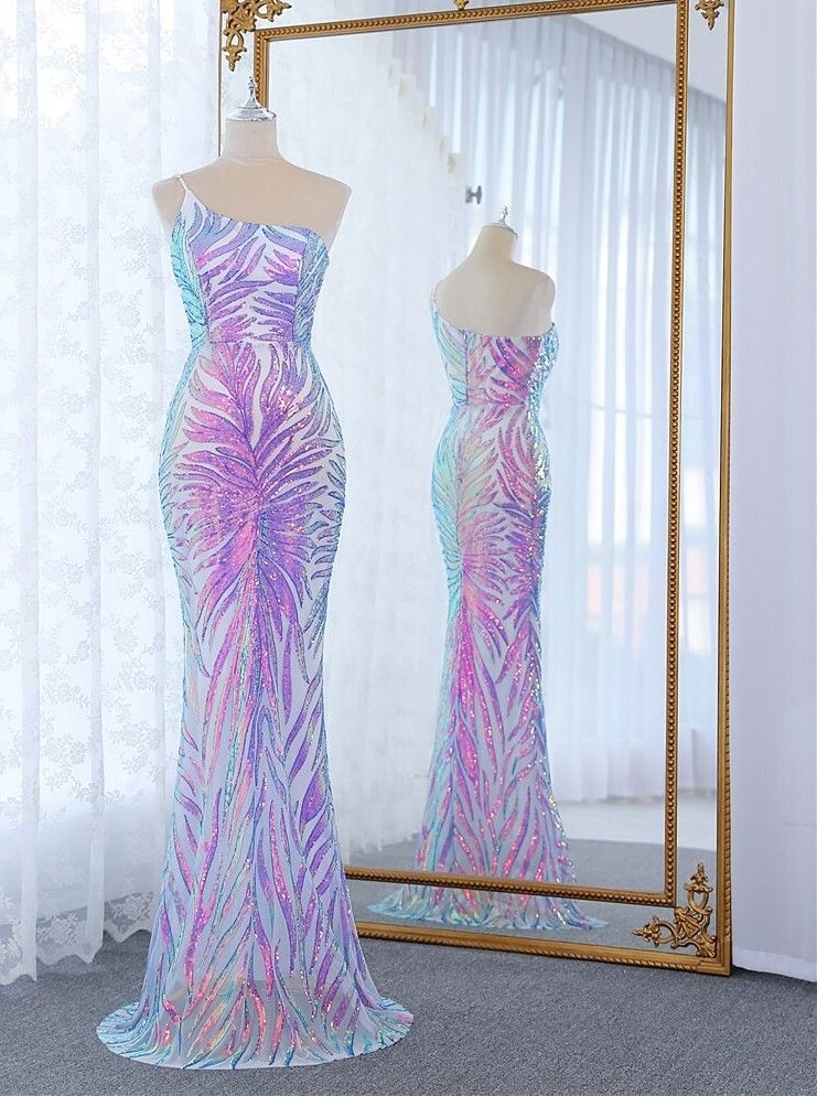 Size 8 Prom One Shoulder Sequined Purple Mermaid Dress on Queenly