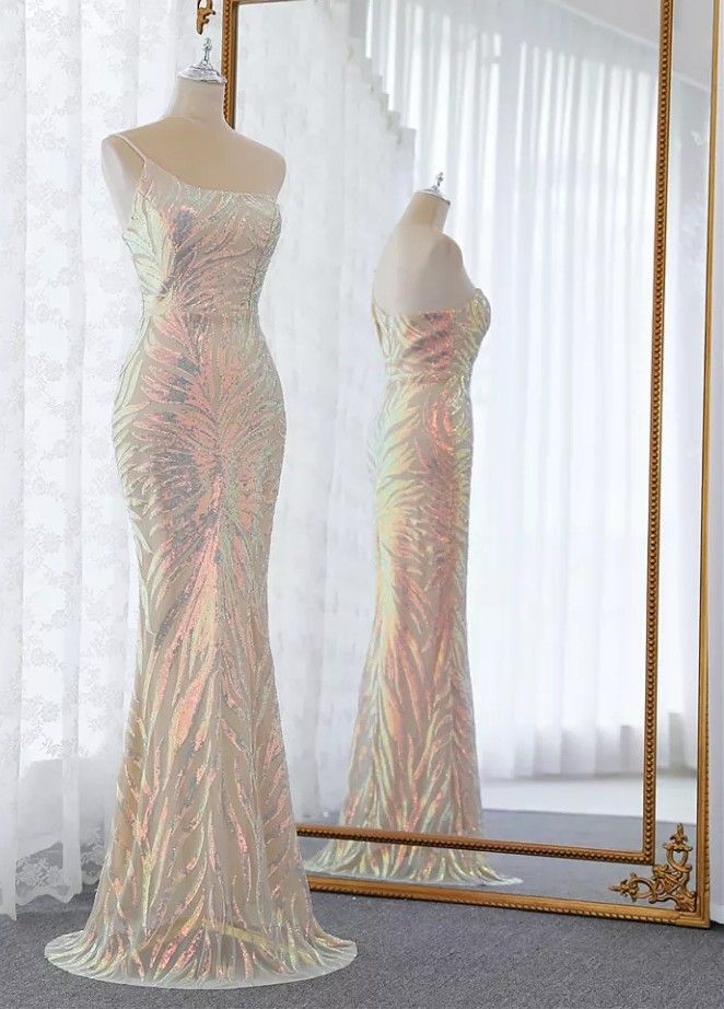 Size 8 Prom One Shoulder Sequined Nude Mermaid Dress on Queenly