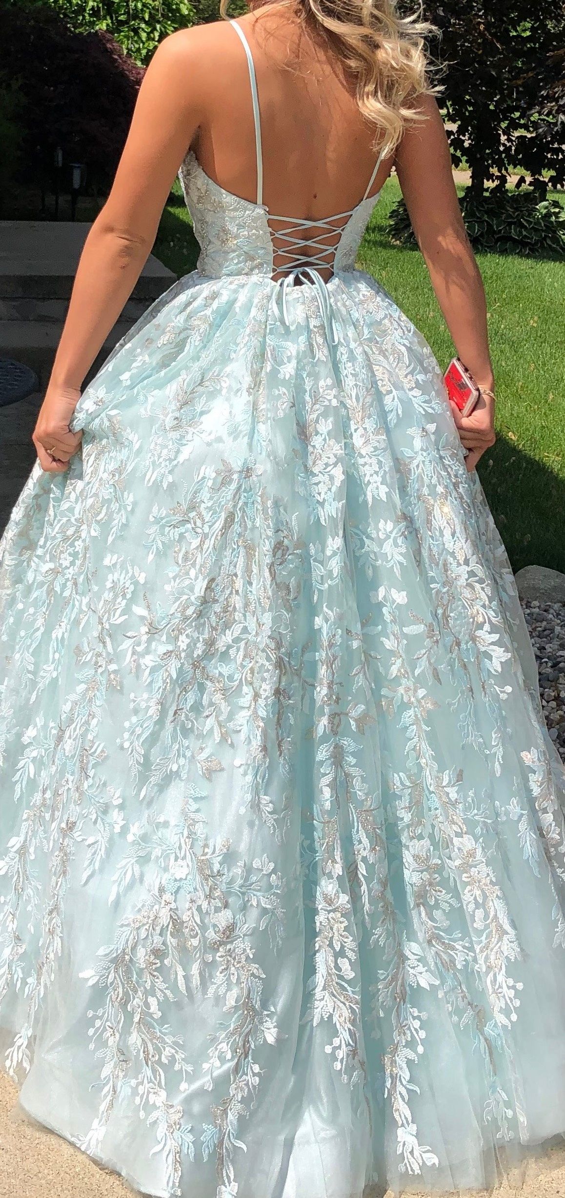 Sherri Hill Size 4 Bridesmaid Plunge Lace Light Blue Ball Gown on Queenly