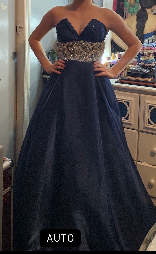 Size 2 Prom Strapless Sequined Navy Blue A-line Dress on Queenly