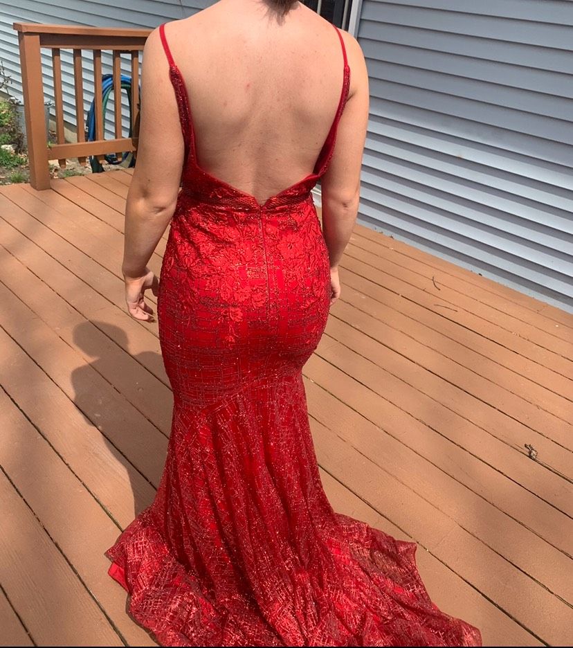 Jovani Size 0 Prom Plunge Floral Red Mermaid Dress on Queenly