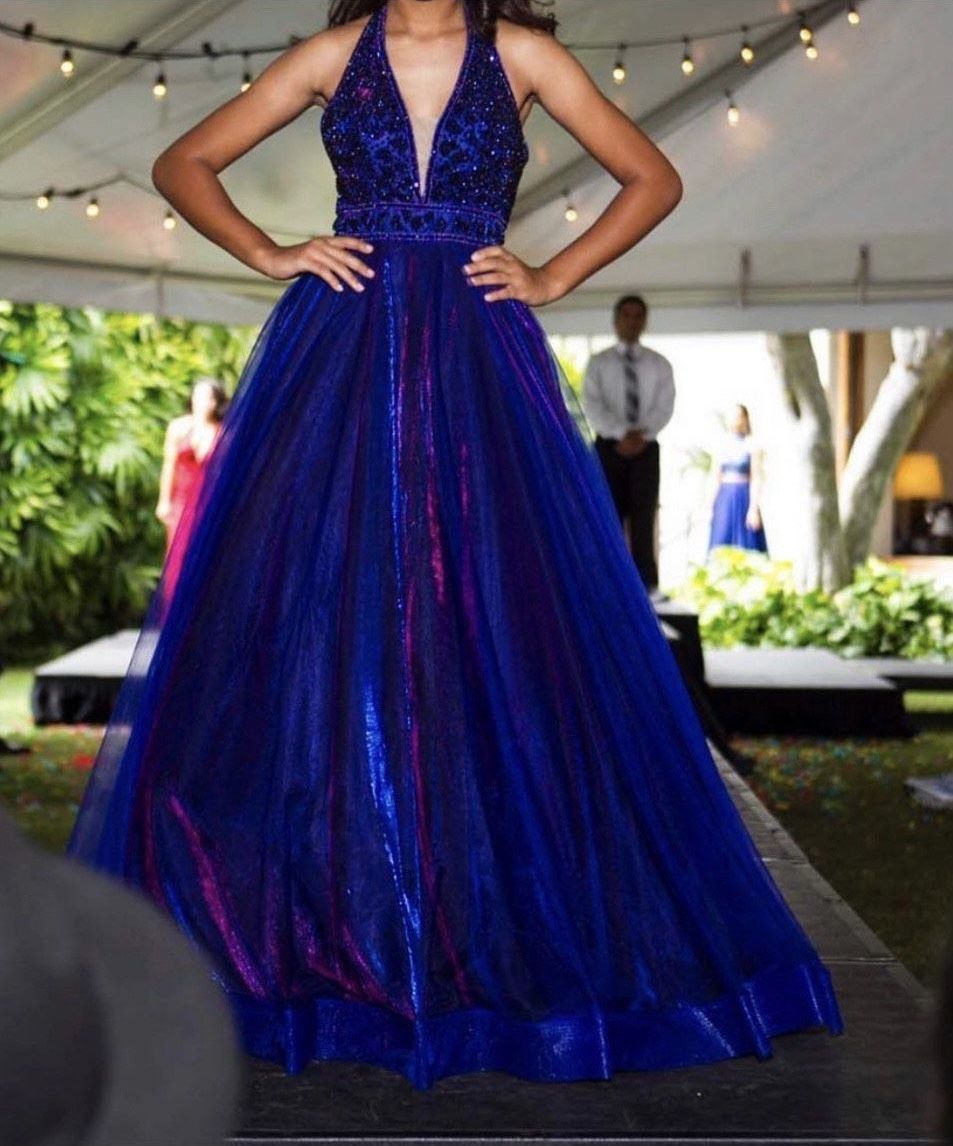 Size 2 Prom Halter Royal Blue Ball Gown on Queenly
