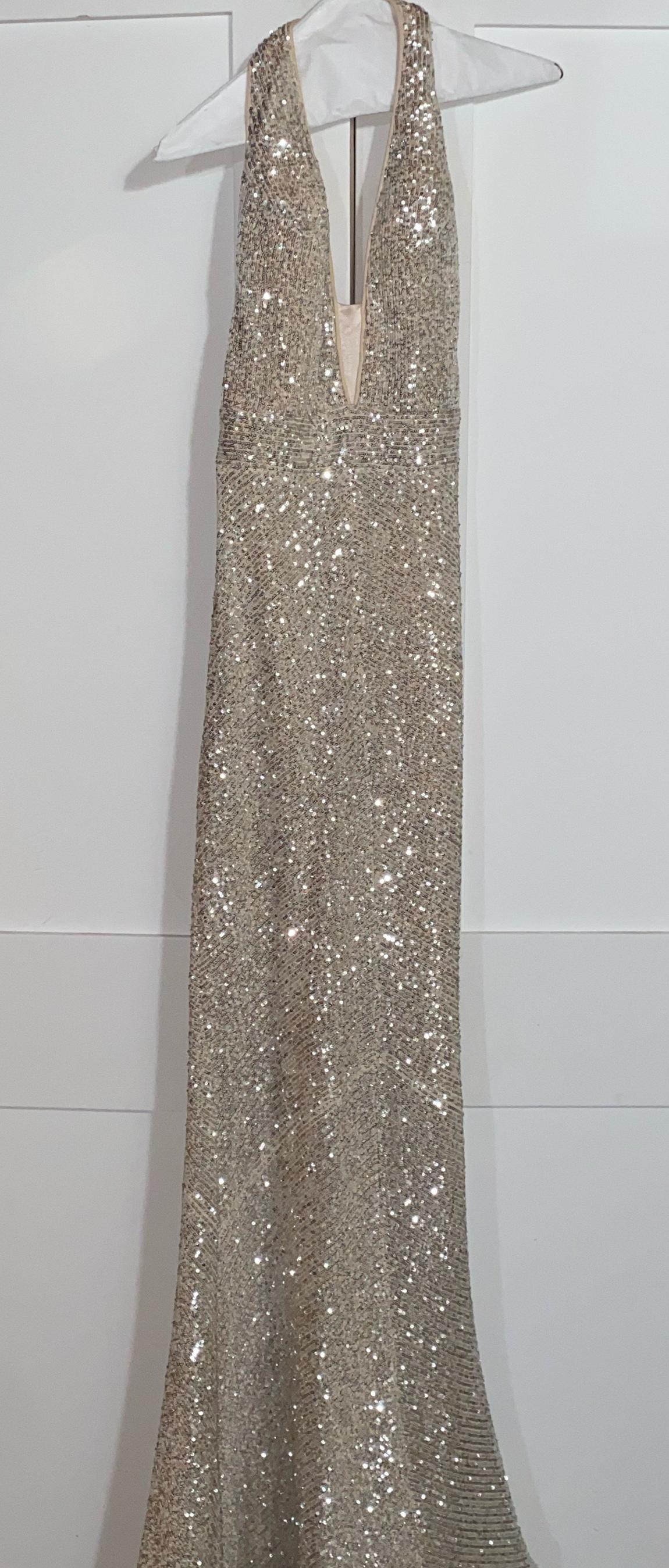 Size 6 Prom Halter Sequined Gold Mermaid Dress on Queenly