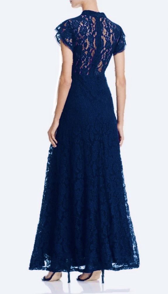 Bloomingdales Aqua Size 6 Lace Navy Blue Floor Length Maxi on Queenly