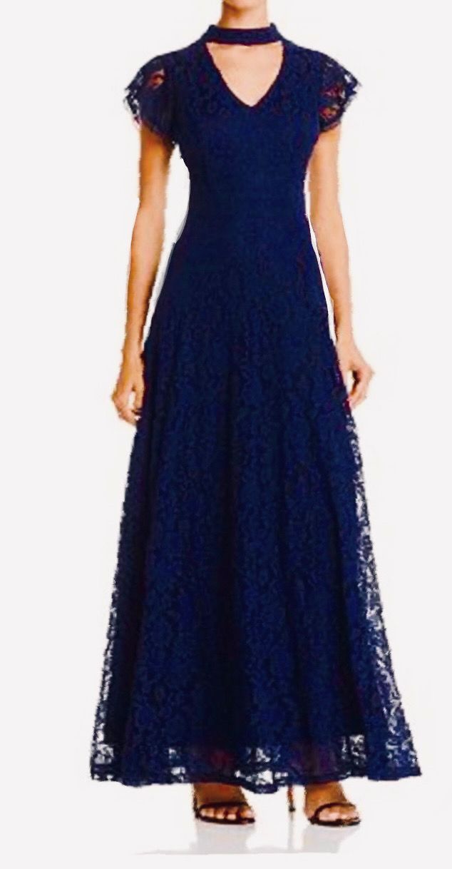 Bloomingdales Aqua Size 6 Lace Navy Blue Floor Length Maxi on Queenly