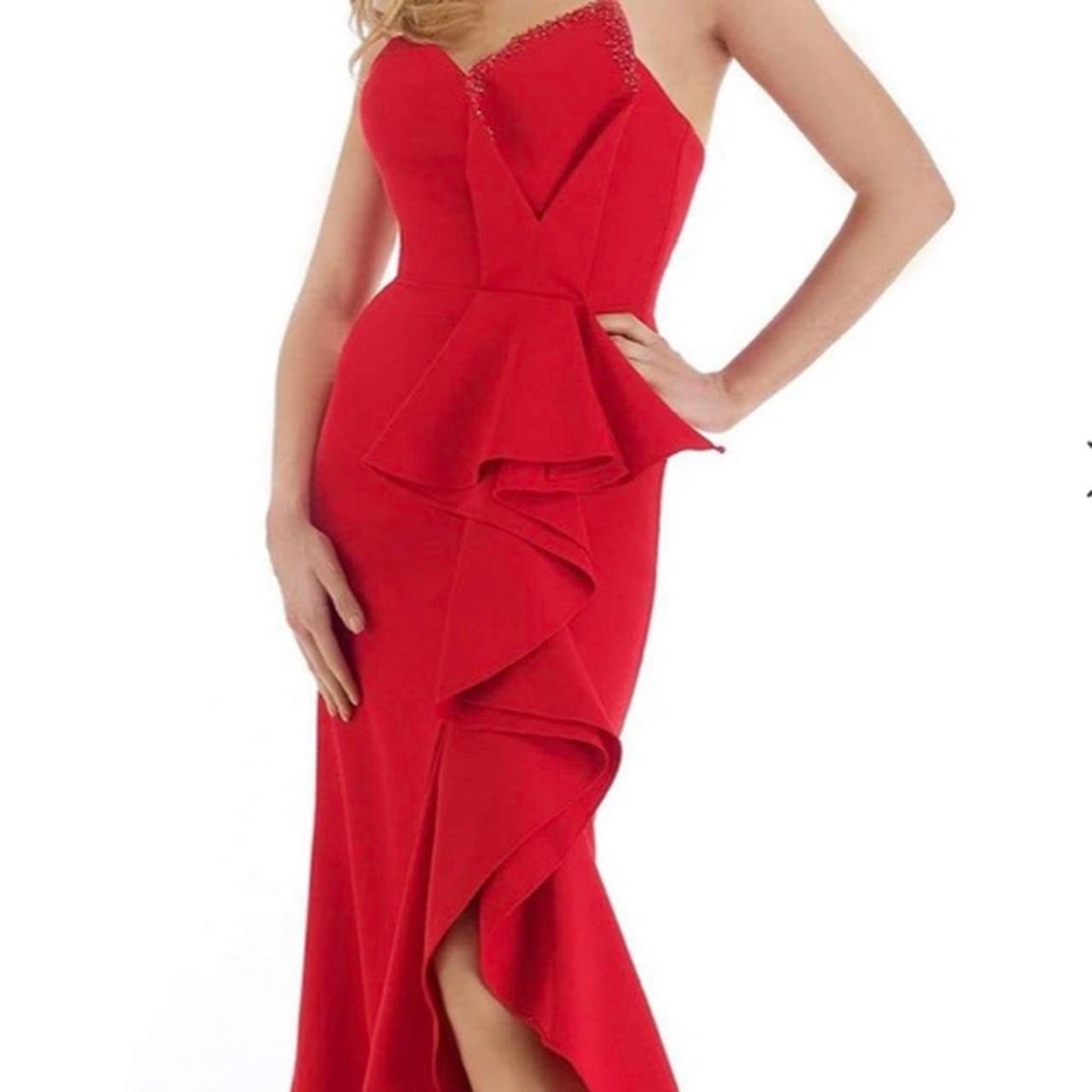 Size 0 Strapless Red Side Slit Dress on Queenly
