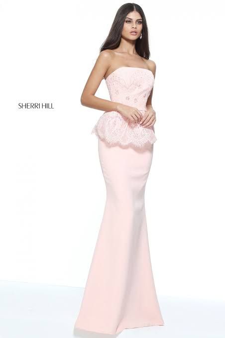 Style 51213 Sherri Hill Size 4 Bridesmaid Strapless Lace Light Pink Floor Length Maxi on Queenly