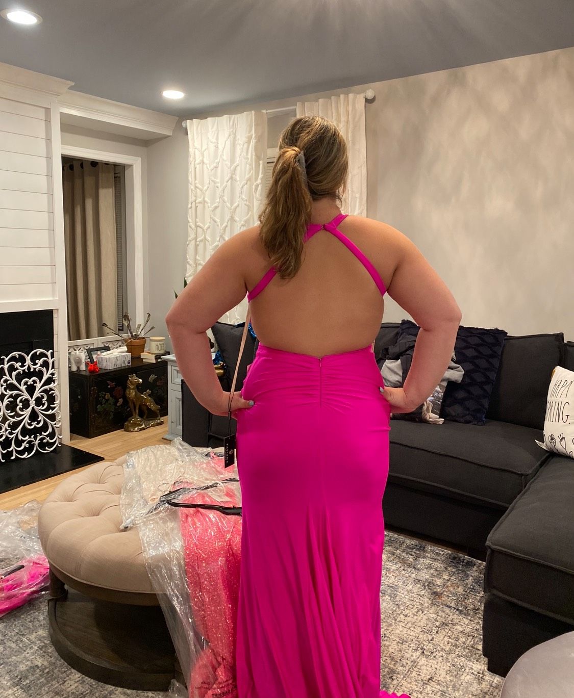 La Femme Size 12 Prom Halter Hot Pink Mermaid Dress on Queenly