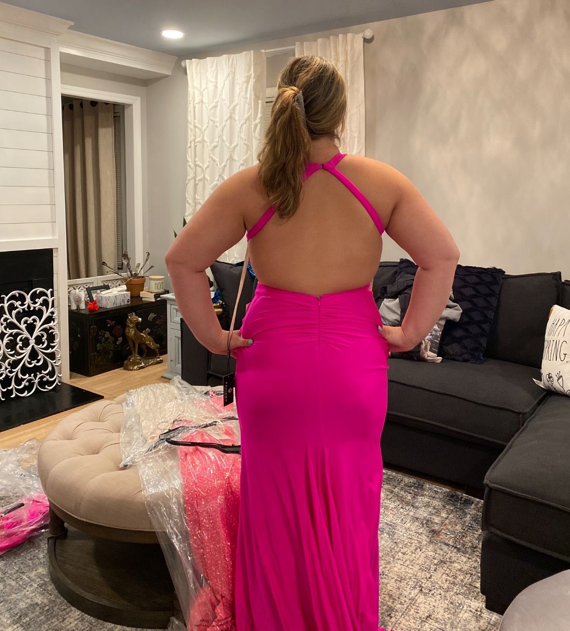 La Femme Size 14 Prom Halter Hot Pink Mermaid Dress on Queenly