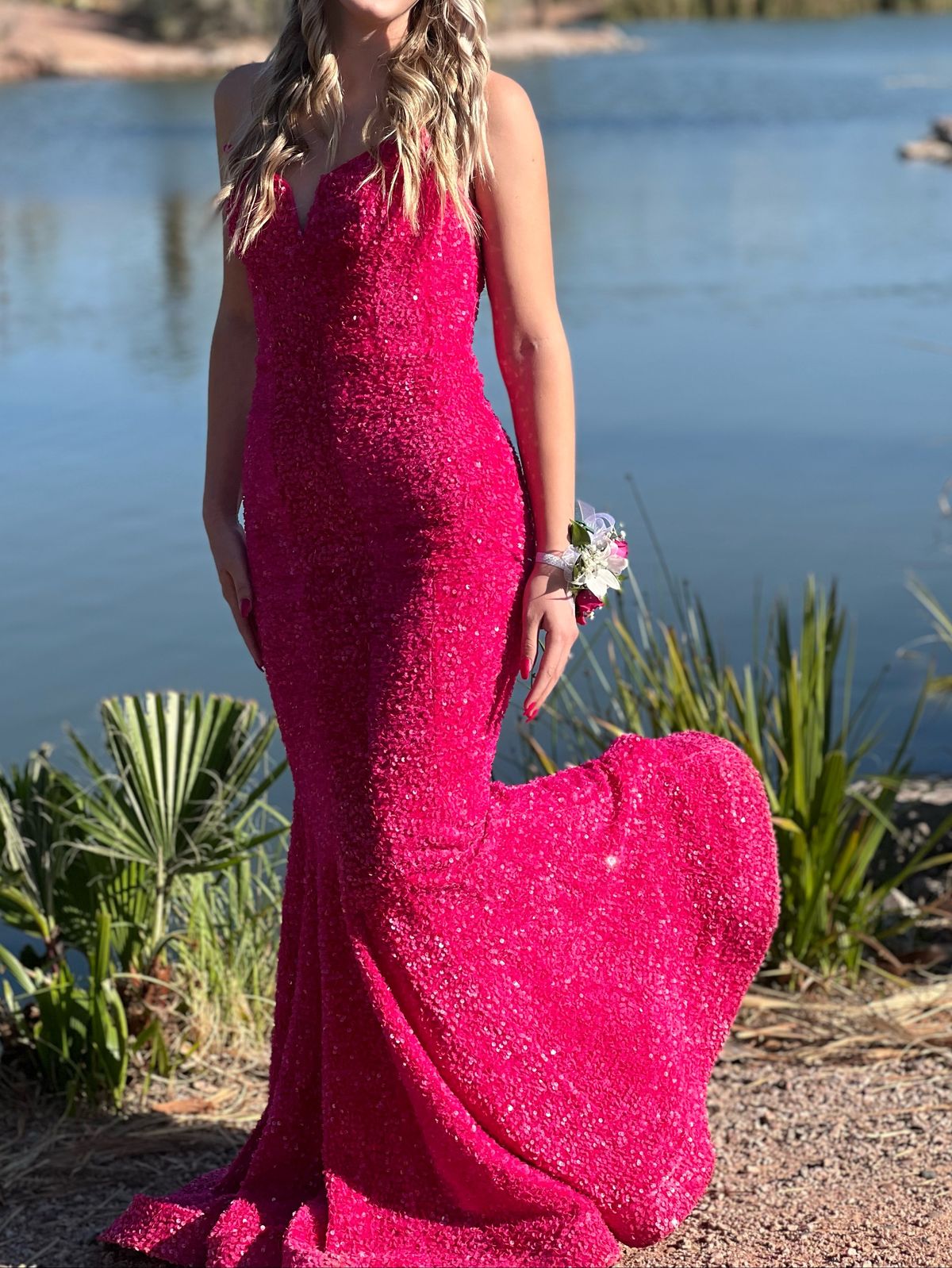 Portia & Scarlett Hot Pink Dress Size 2 Prom Strapless Sequined Hot Pink Mermaid Dress on Queenly