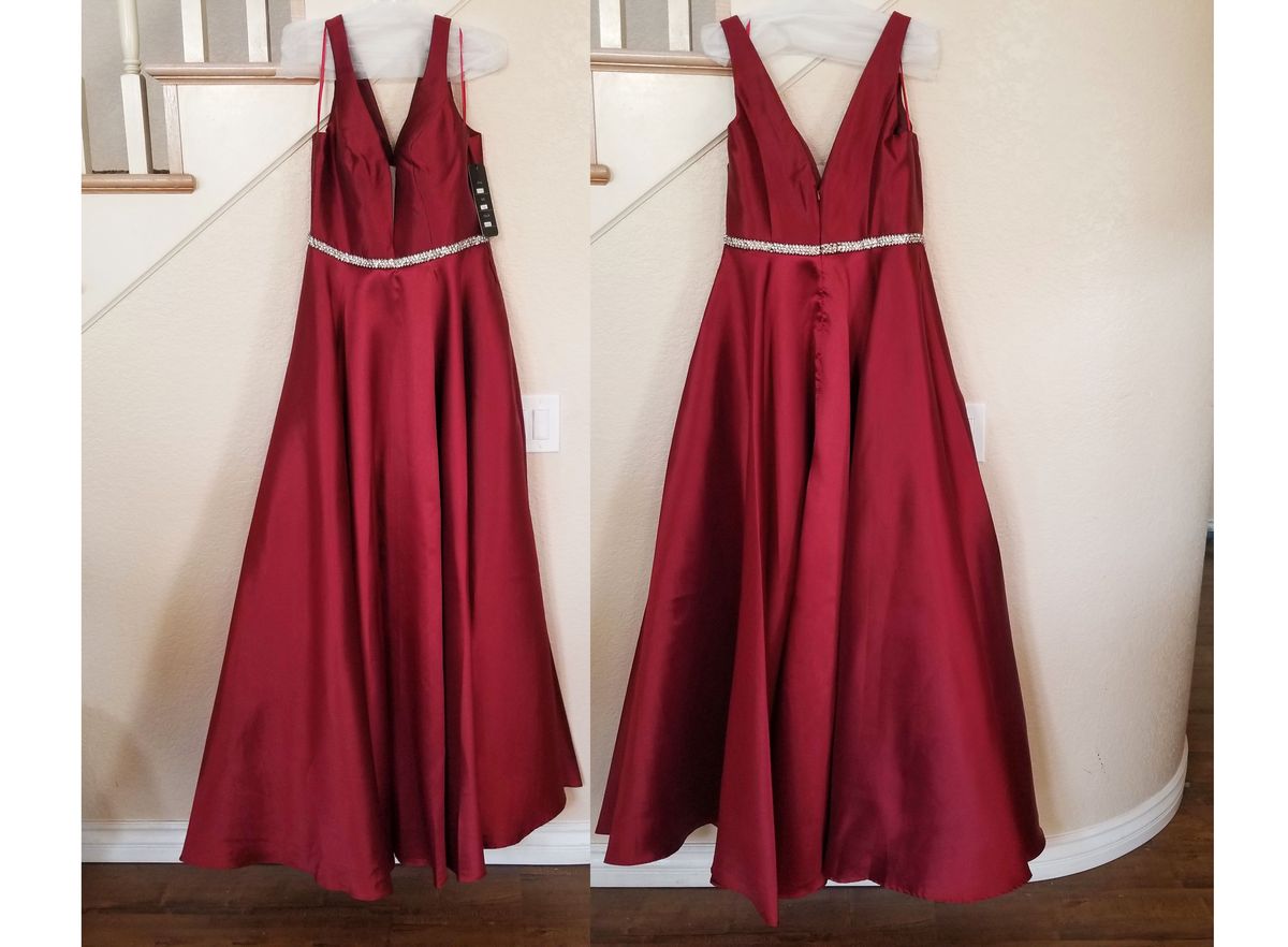 Style  Burgundy Sleeveless V-neck Rhinestone & Satin A-line Gown Dylan & David Size 10 Prom Plunge Sequined Red Ball Gown on Queenly