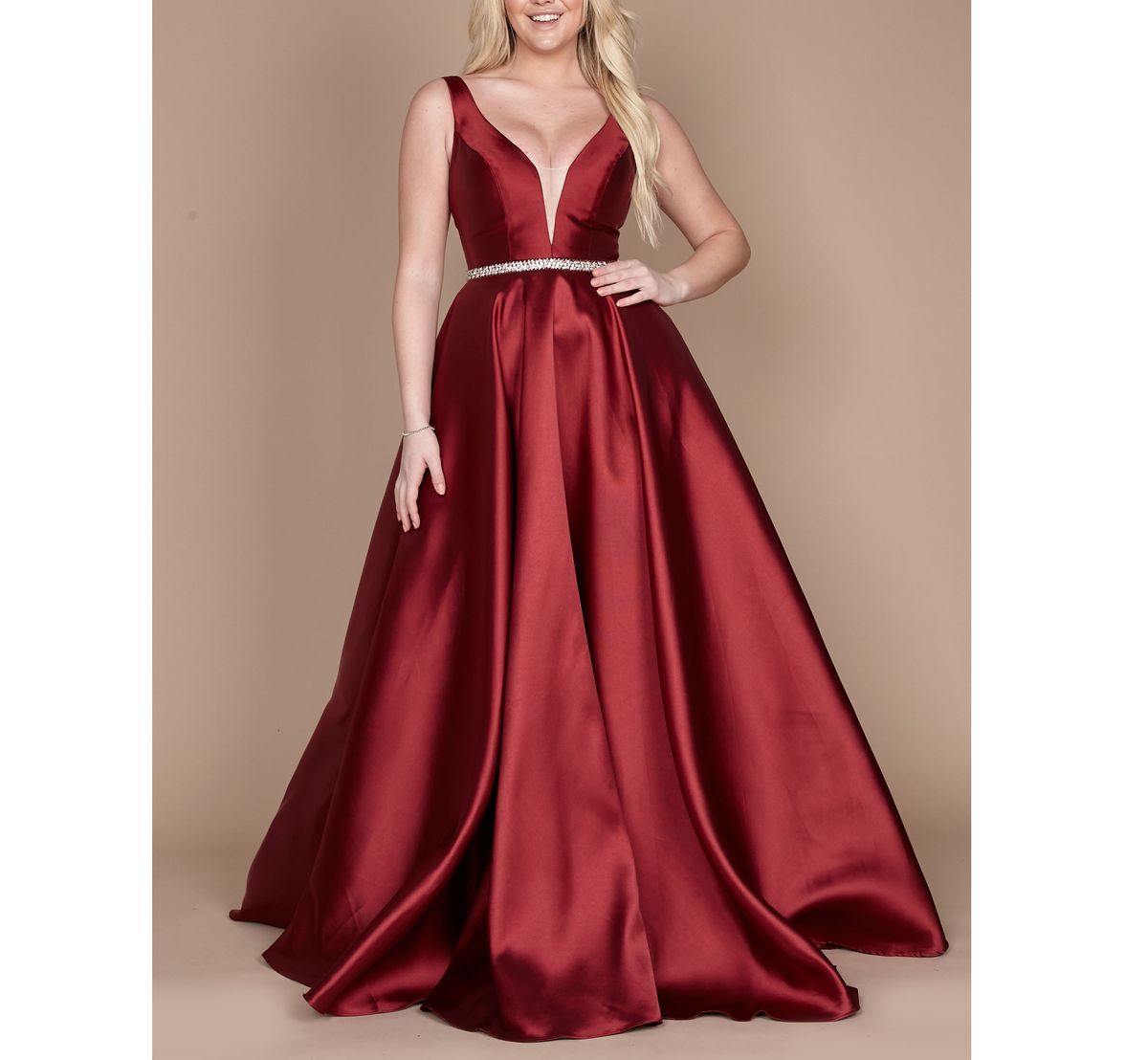 Style  Burgundy Sleeveless V-neck Rhinestone & Satin A-line Gown Dylan & David Size 12 Red Ball Gown on Queenly
