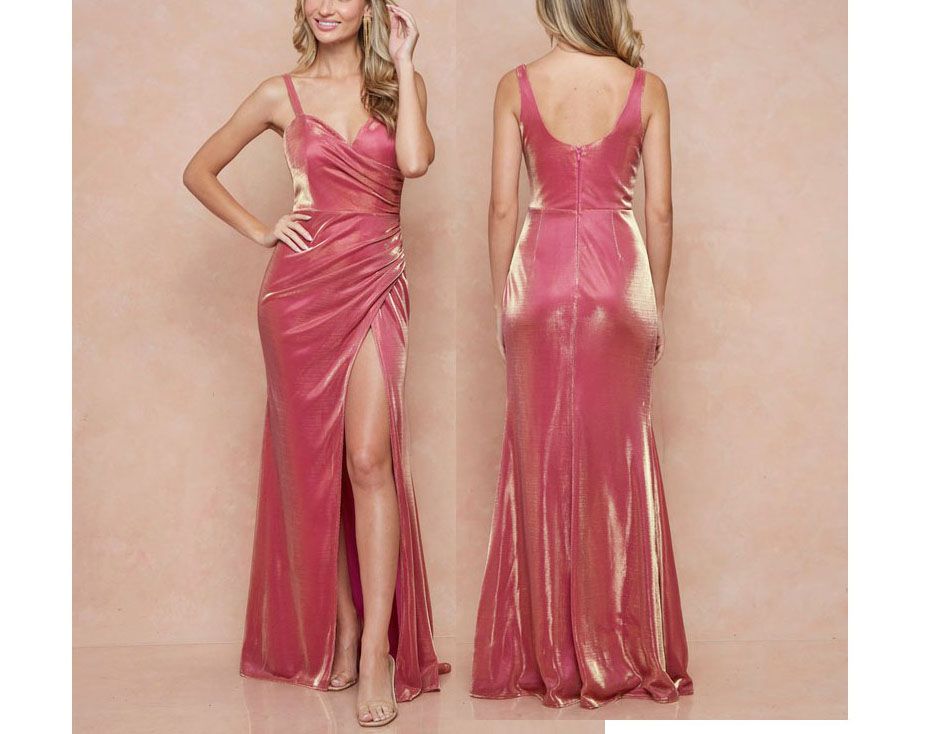 Style Fuchsia Iridescent Metallic Sleeveless Sweetheart Neckline Gown Maniju Size 8 Prom Hot Pink Side Slit Dress on Queenly
