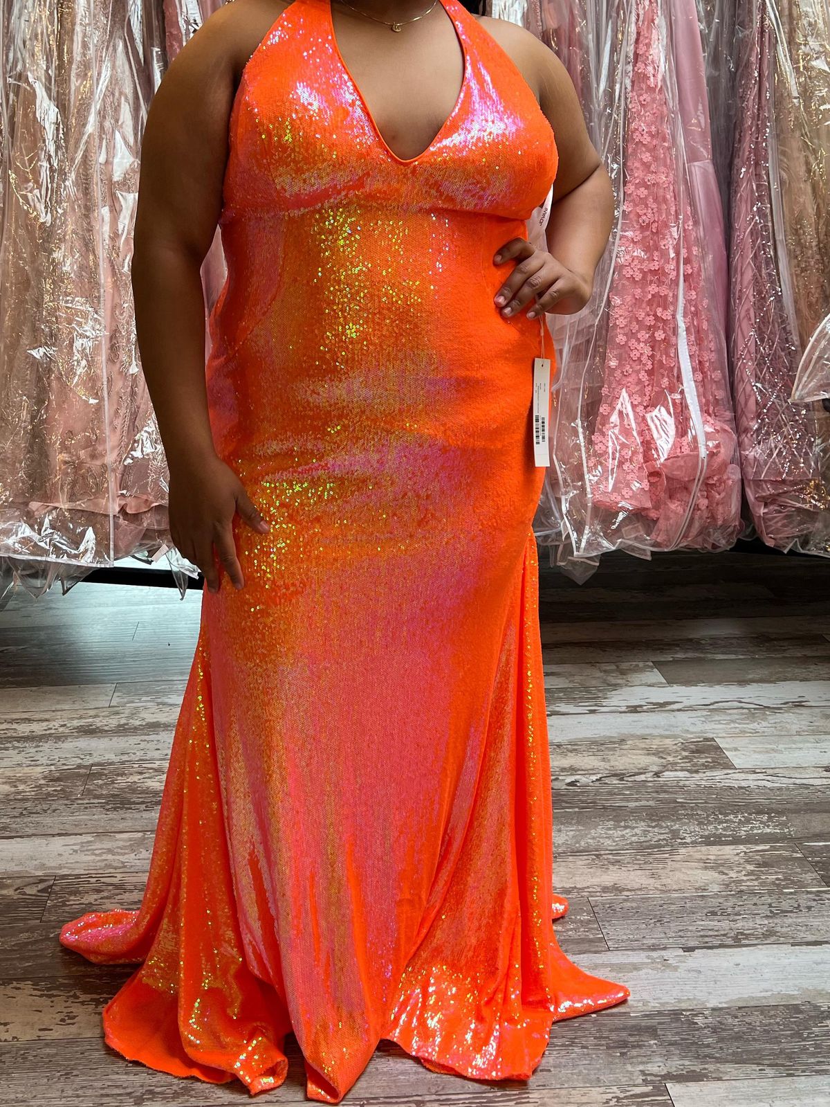 Jovani Plus Size 20 Prom Plunge Orange Mermaid Dress on Queenly