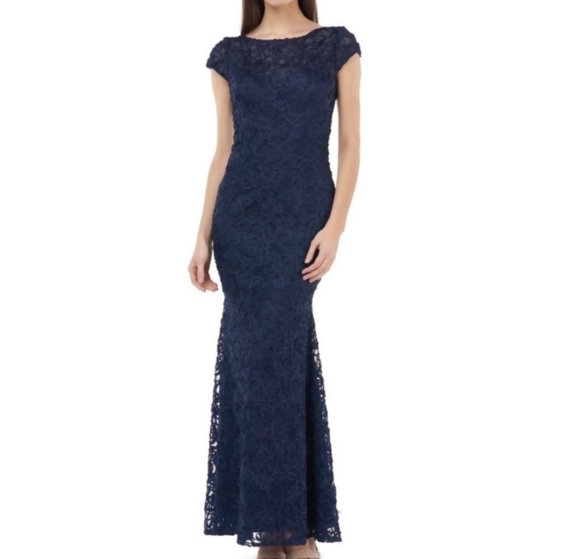 Size 6 Wedding Guest Lace Navy Blue Mermaid Dress on Queenly