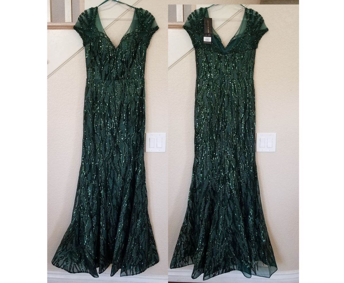 Style Emerald Green Beaded Metallic Short Sleeve Trumpet Gown Bicici & Coty Size 6 Lace Emerald Green Mermaid Dress on Queenly