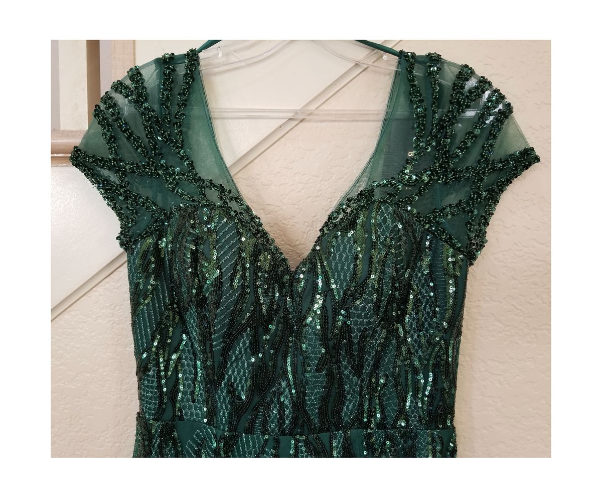 Style Emerald Green Beaded Metallic Short Sleeve Trumpet Gown Bicici & Coty Size 6 Lace Emerald Green Mermaid Dress on Queenly