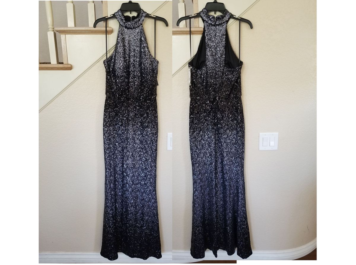 Style Gunmetal & Black Halter Neck Sleeveless Ombre Sequined Sheath Gown  Aqua Size 2 Wedding Guest High Neck Sequined Navy Black Floor Length Maxi on Queenly
