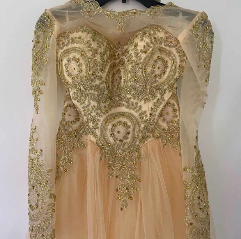 Size 4 Prom Long Sleeve Sheer Nude Ball Gown on Queenly