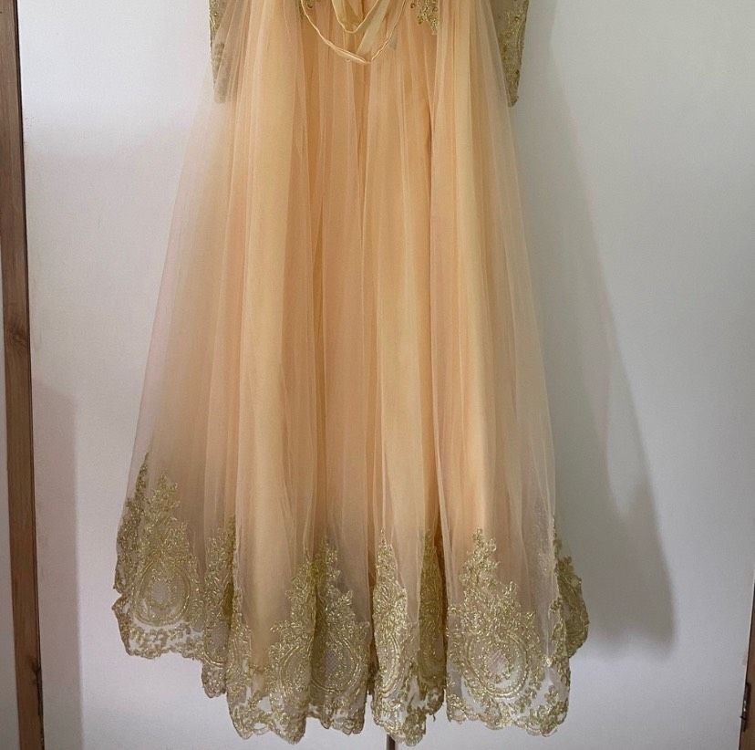 Size 4 Prom Long Sleeve Sheer Nude Ball Gown on Queenly