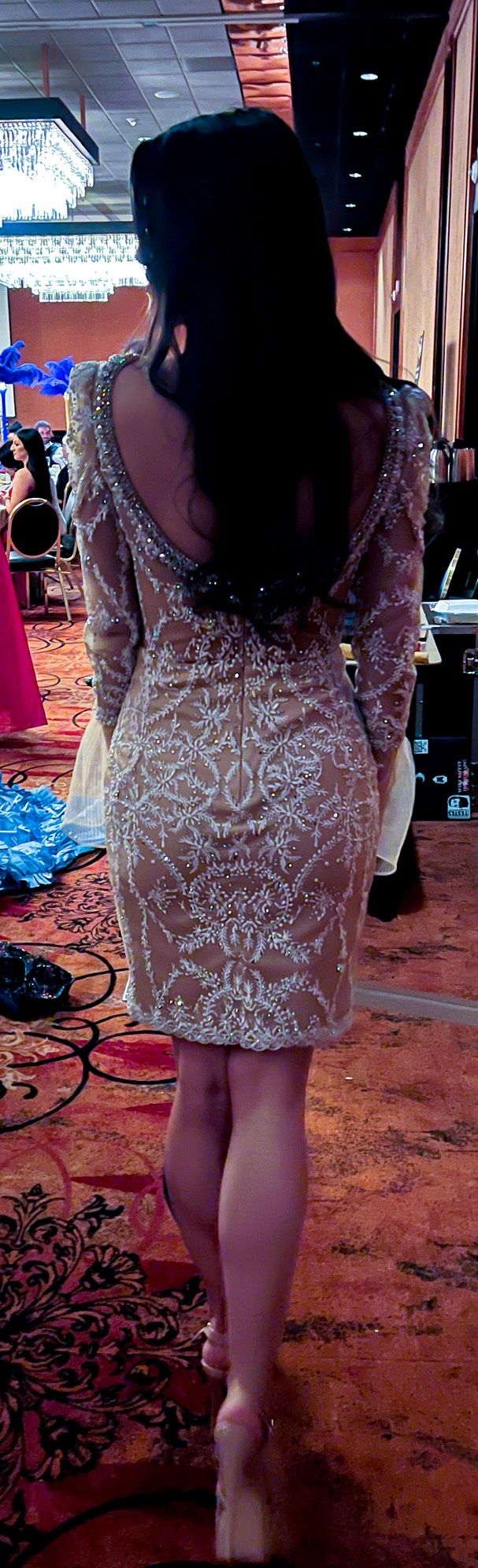 Jovani Size 2 Homecoming Long Sleeve Lace Nude Cocktail Dress on Queenly