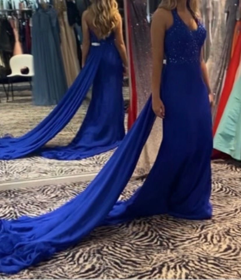 Size 4 Prom Halter Blue Dress With Train on Queenly