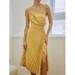 Size 14 Wedding Guest One Shoulder Satin Yellow Ball Gown on Queenly