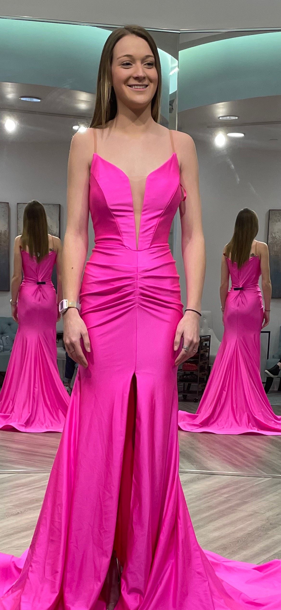 Jessica Angel Size 2 Prom Plunge Sheer Hot Pink Side Slit Dress on Queenly