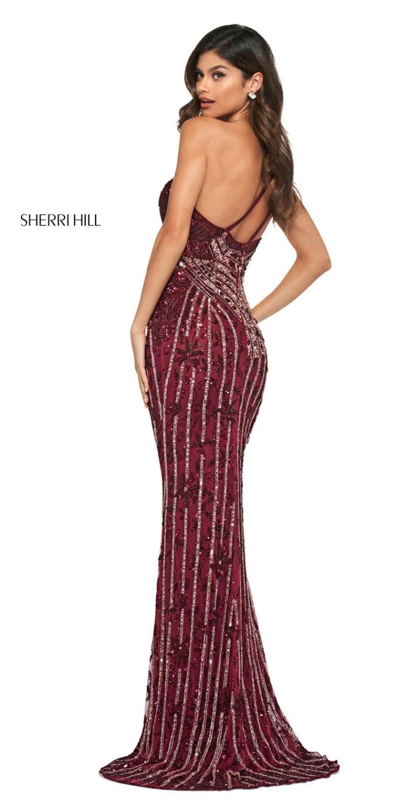 Sherri Hill Size 2 Bridesmaid One Shoulder Sequined Burgundy Red Side Slit Dress on Queenly