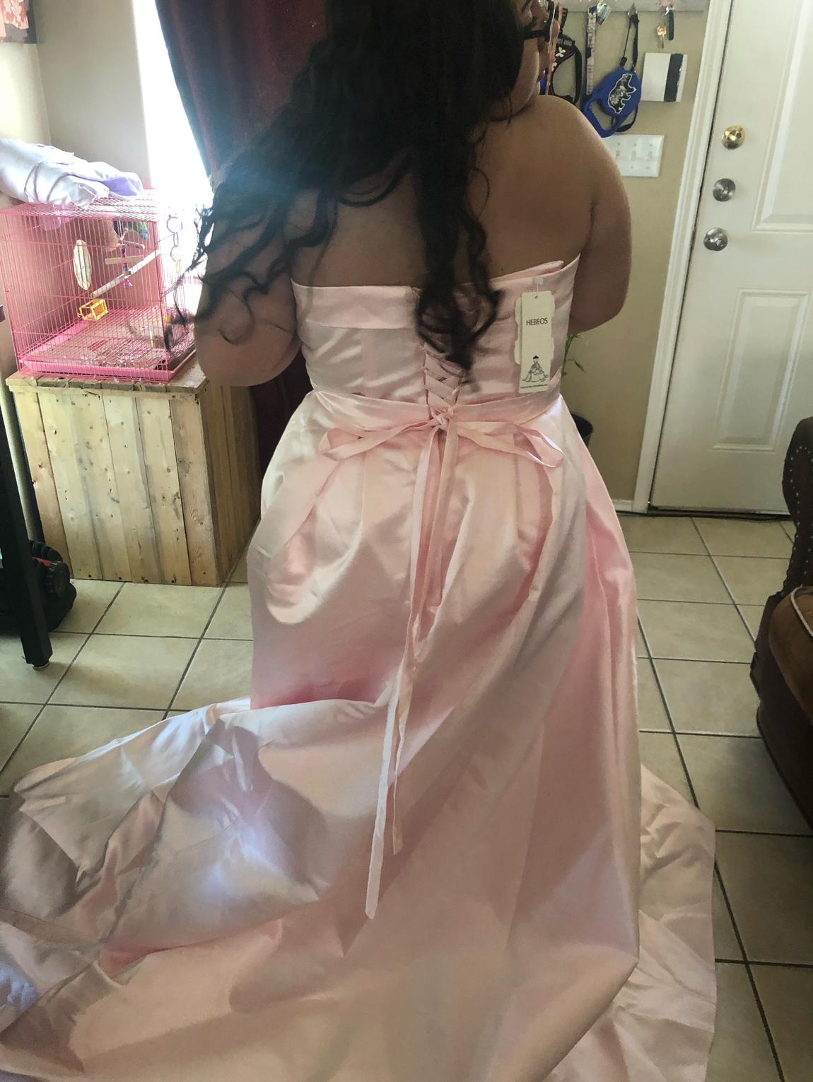 Plus Size 16 Prom Strapless Satin Light Pink Dress With Train on Queenly