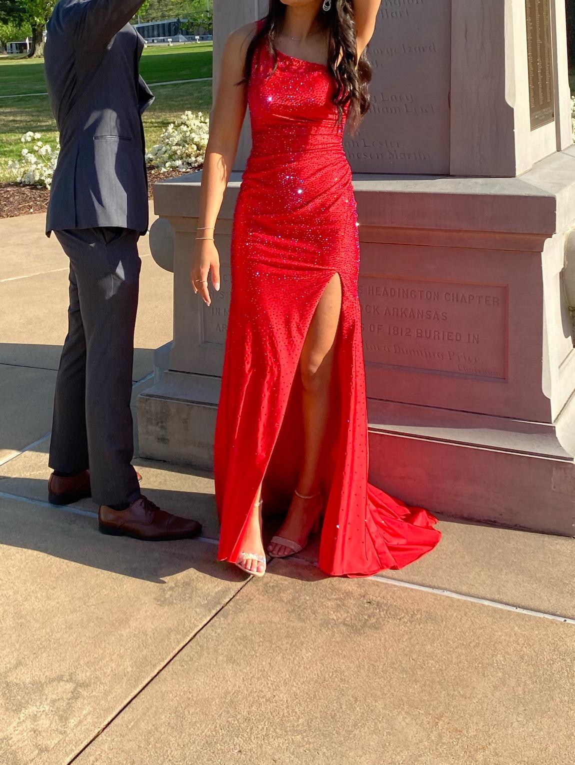 Sherri Hill Size 4 Strapless Red Side Slit Dress on Queenly