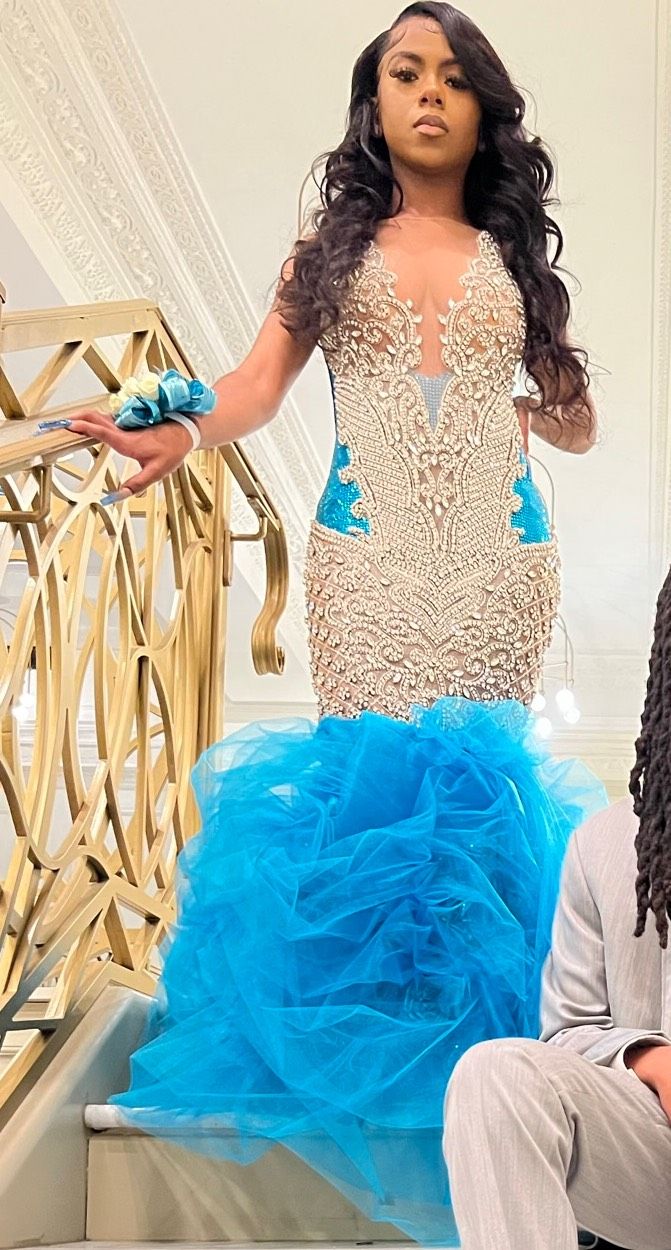 Custom Size 2 Prom Sequined Blue Mermaid Dress on Queenly