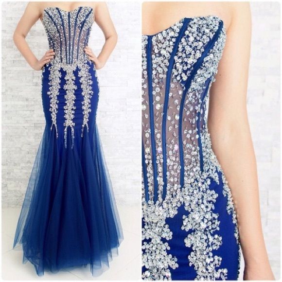 Plus Size 18 Prom Sequined Navy Blue Mermaid Dress on Queenly