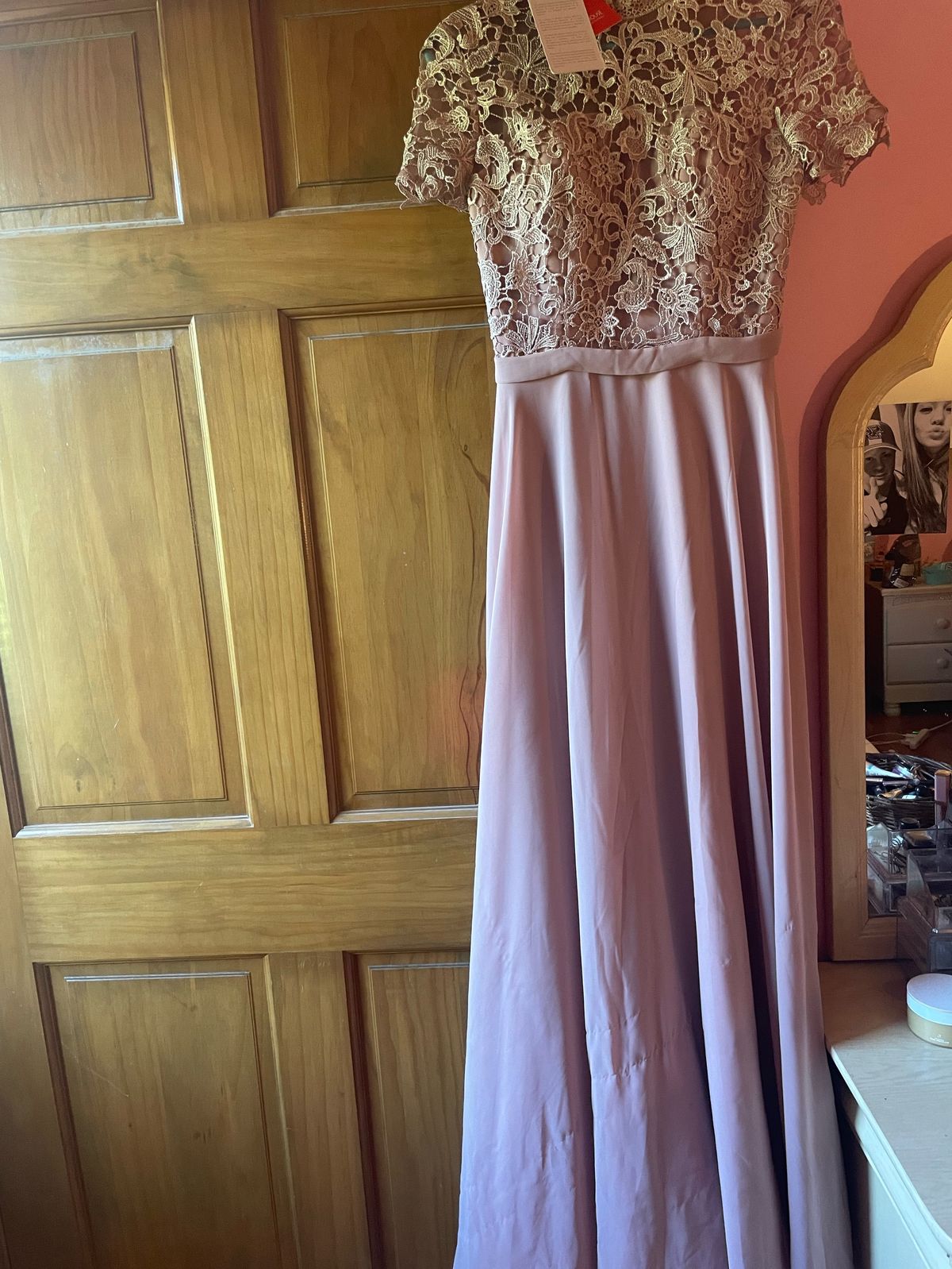 JJ’s House Size 2 Bridesmaid High Neck Lace Light Pink Floor Length Maxi on Queenly