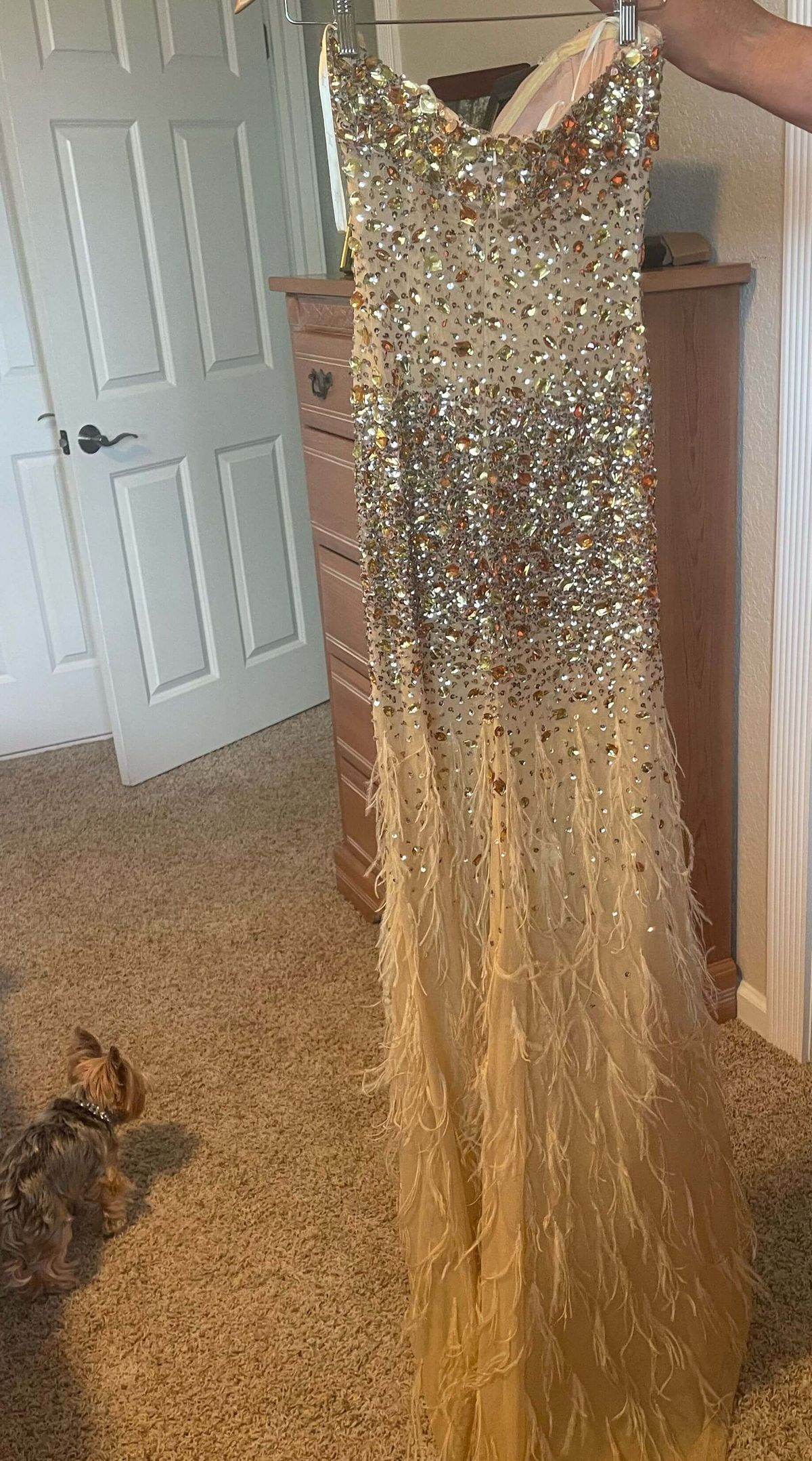 Size 4 Prom Strapless Sequined Gold Ball Gown on Queenly