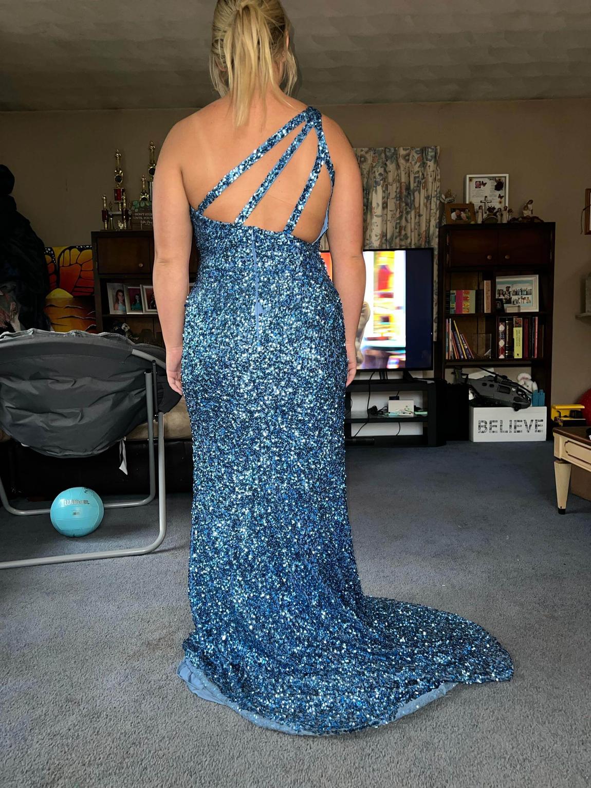 Sherri Hill Size 10 Bridesmaid One Shoulder Sequined Light Blue Floor Length Maxi on Queenly