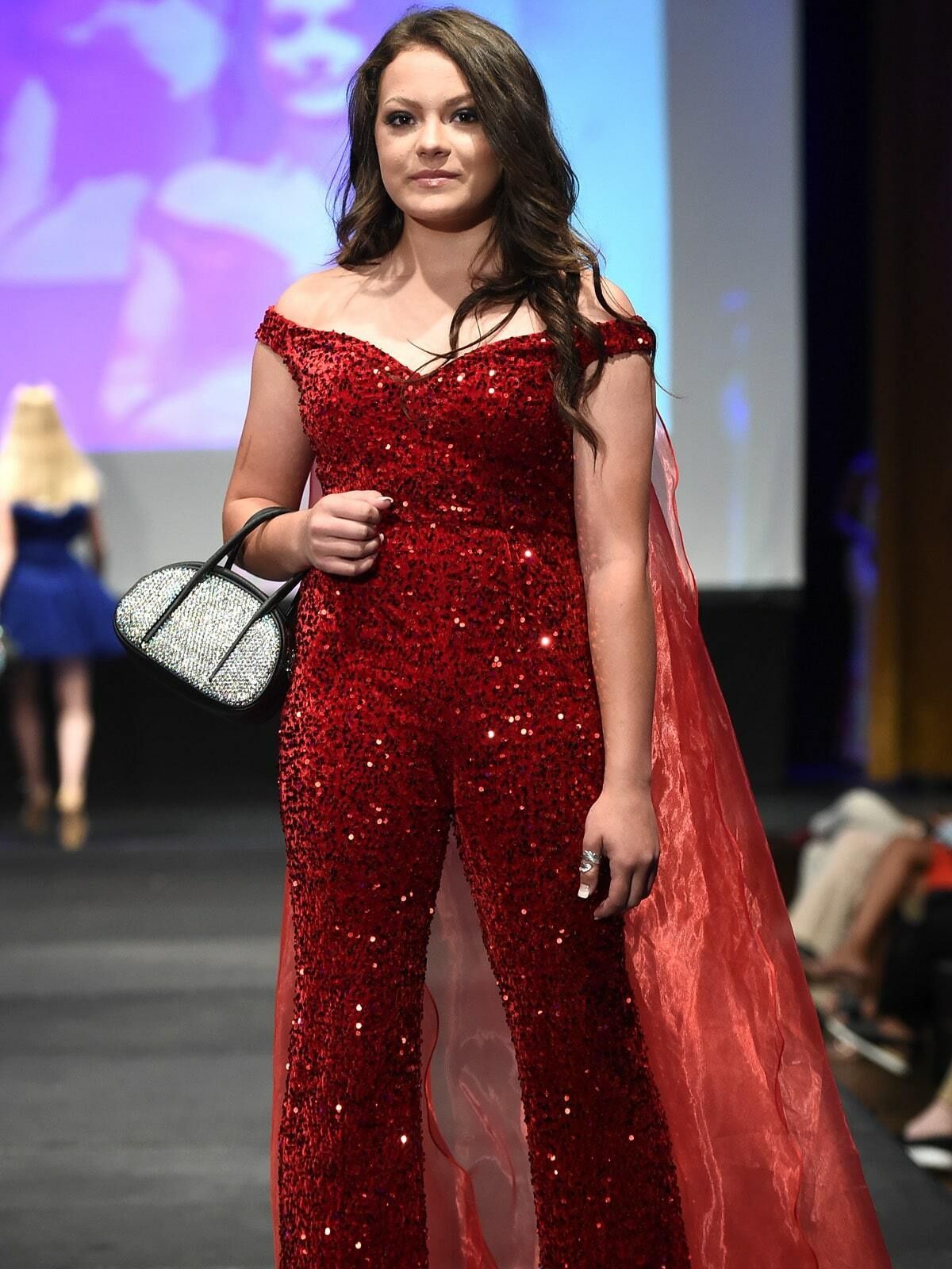 Style 8046 Marc Defang Size 6 Prom Off The Shoulder Red Formal Jumpsuit on Queenly