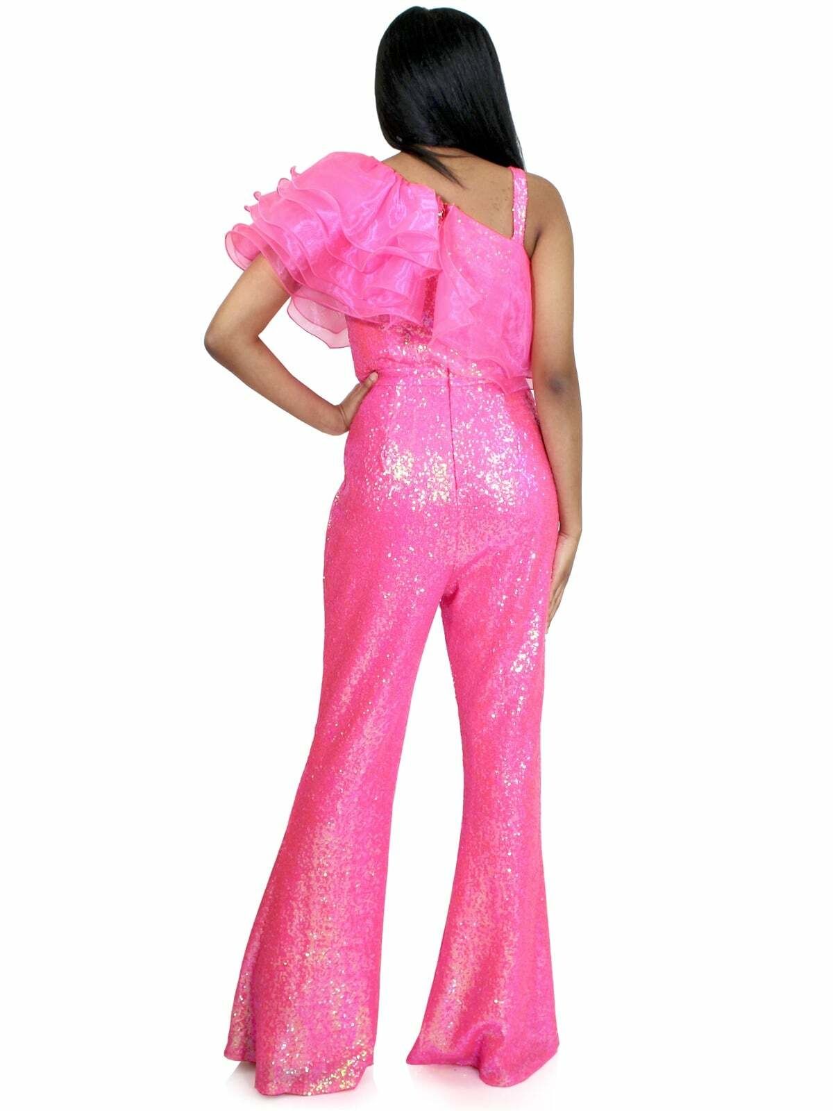 Style 8033 Marc Defang Size 00 Prom Sequined Hot Pink Formal Jumpsuit on Queenly