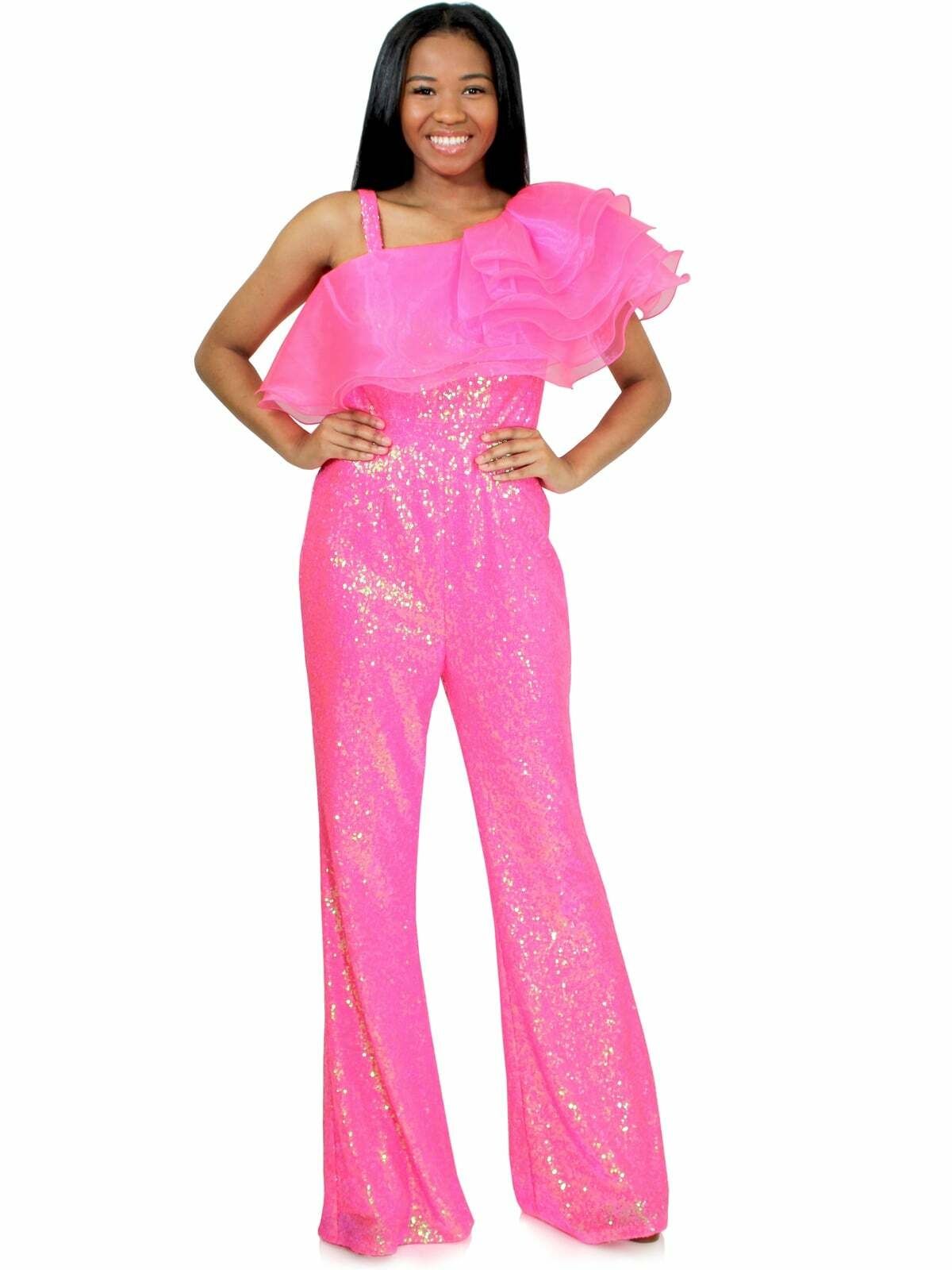 Style 8033 Marc Defang Size 00 Prom Sequined Hot Pink Formal Jumpsuit on Queenly