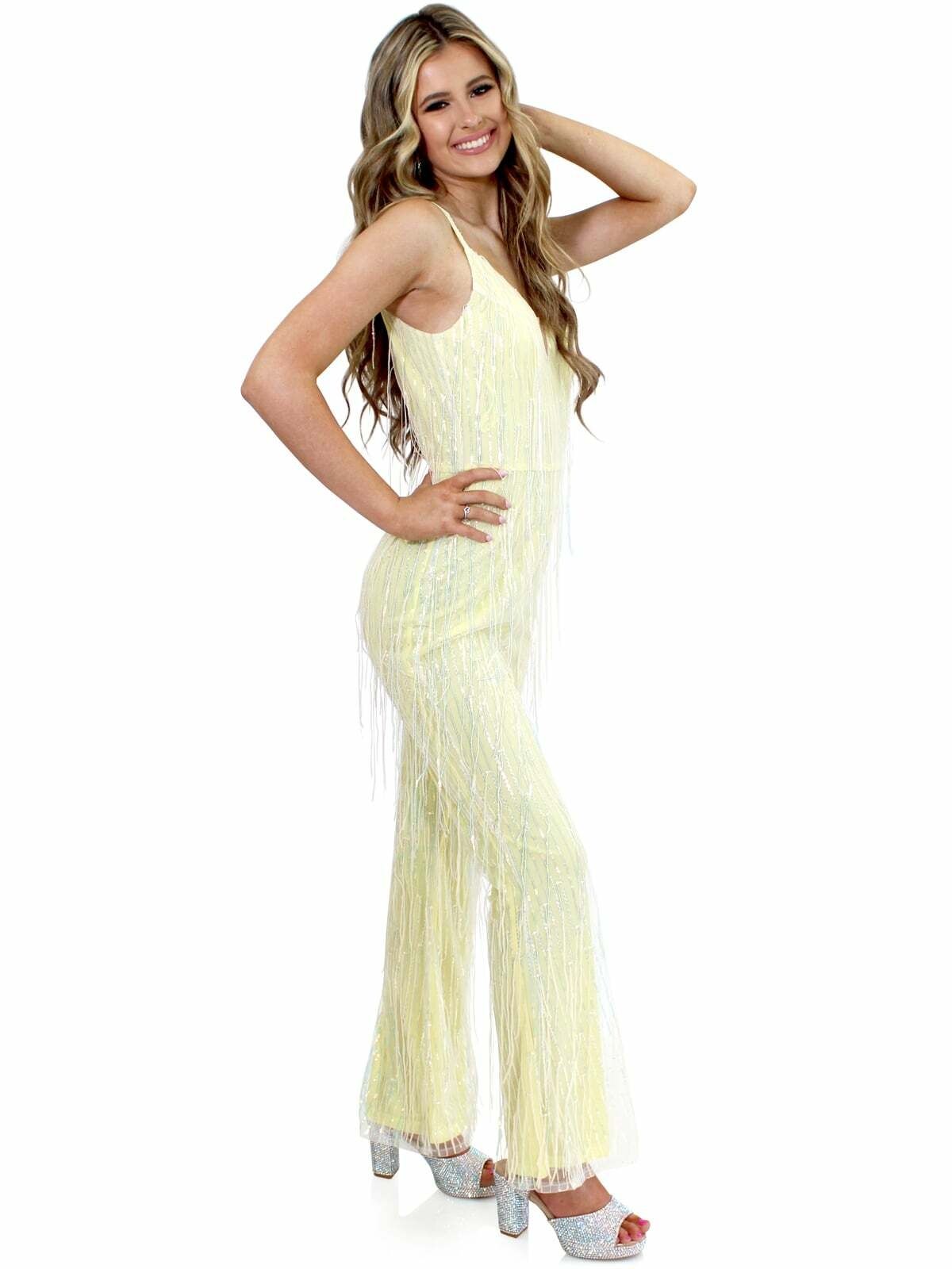 Style 8011 Marc Defang Size 00 Prom Sheer Yellow Formal Jumpsuit on Queenly