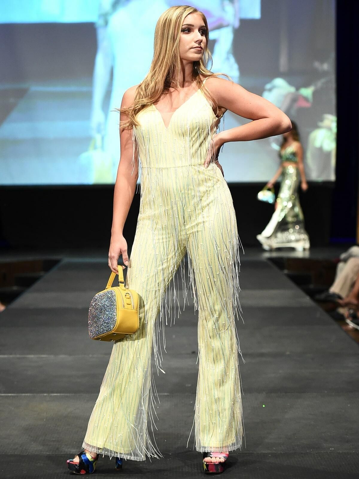 Style 8011 Marc Defang Size 00 Prom Sheer Yellow Formal Jumpsuit on Queenly
