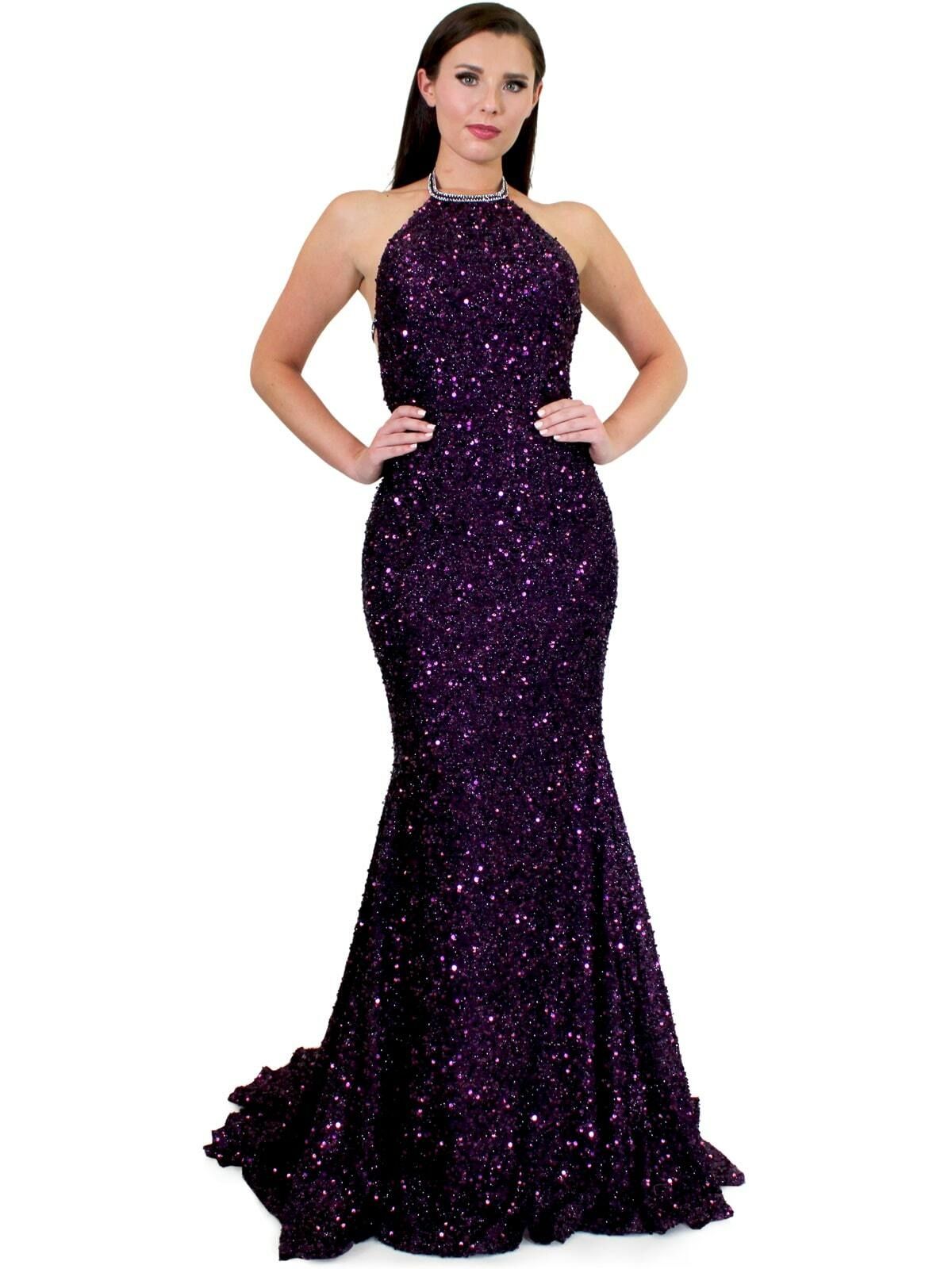 Style 8007 Marc Defang Size 00 Prom Halter Sequined Purple Mermaid Dress on Queenly