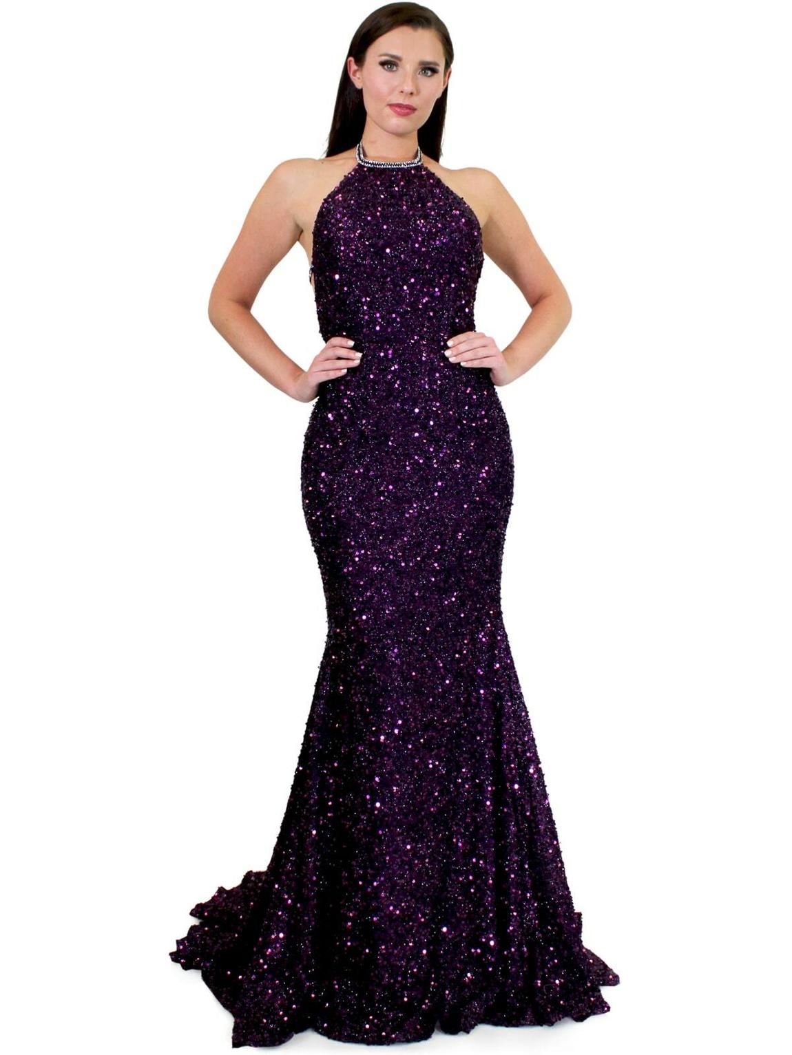 Style 8007 Marc Defang Size 4 Prom Halter Sequined Purple Mermaid Dress on Queenly