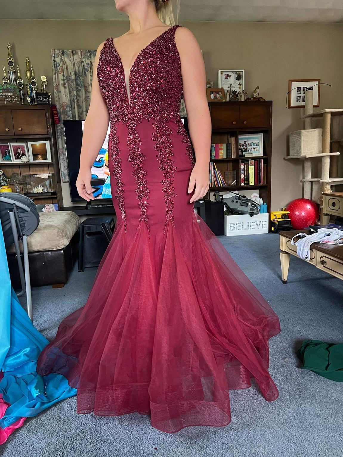 Jovani Size 10 Prom Plunge Lace Burgundy Red Mermaid Dress on Queenly