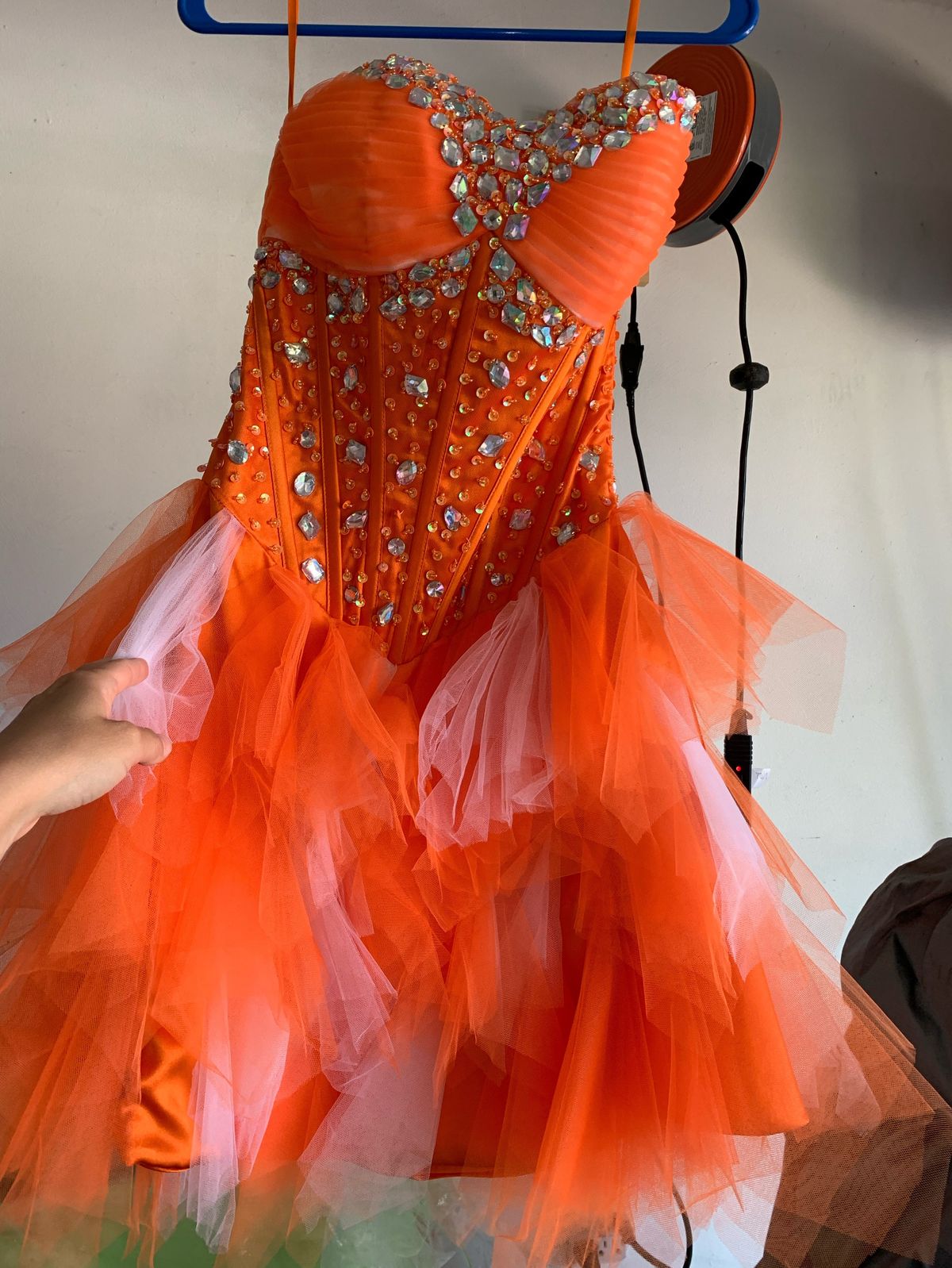 Size 0 Strapless Sequined Orange Ball Gown on Queenly