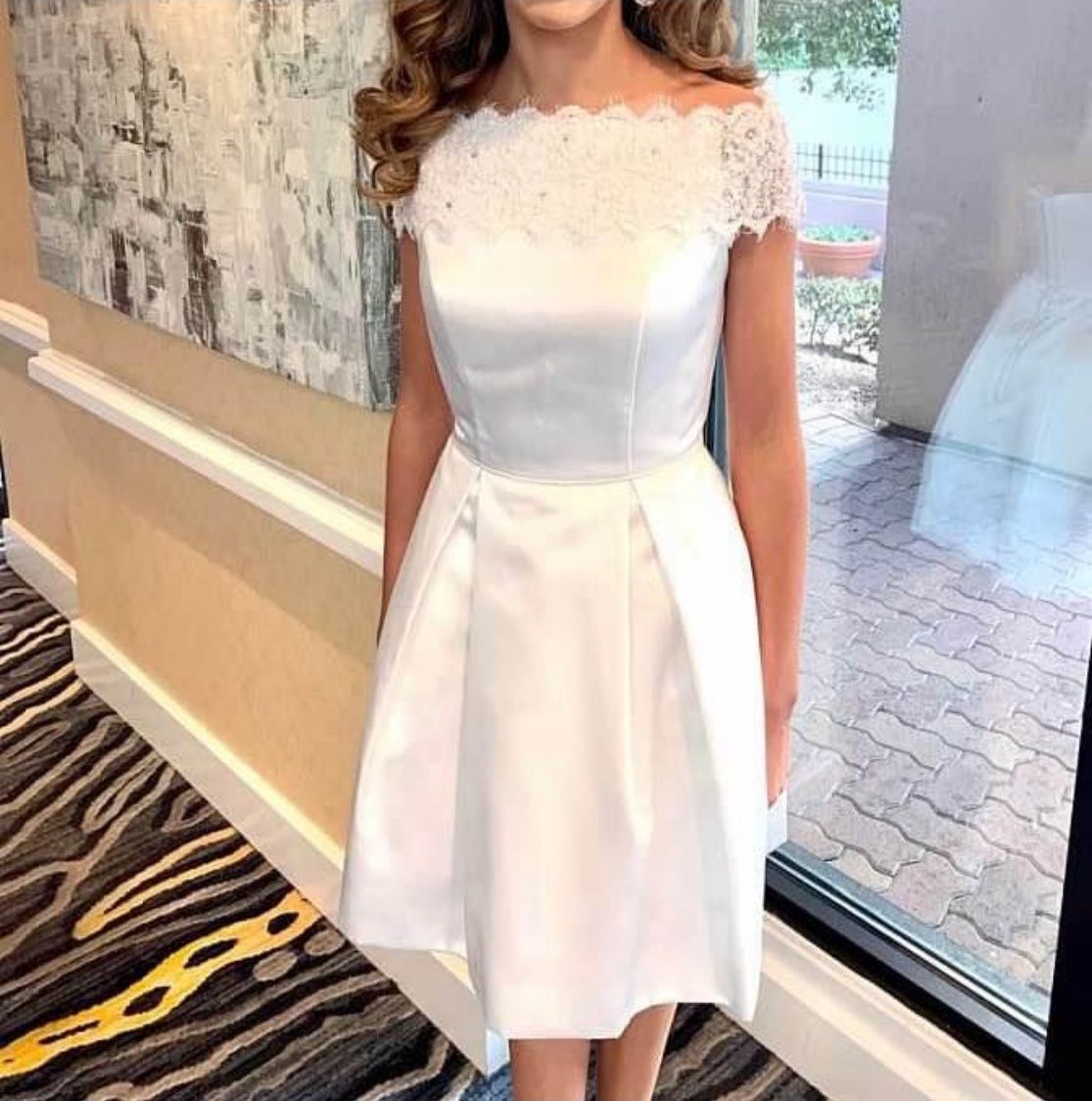 Sherri Hill Size 2 Wedding Off The Shoulder Lace White Cocktail Dress on Queenly