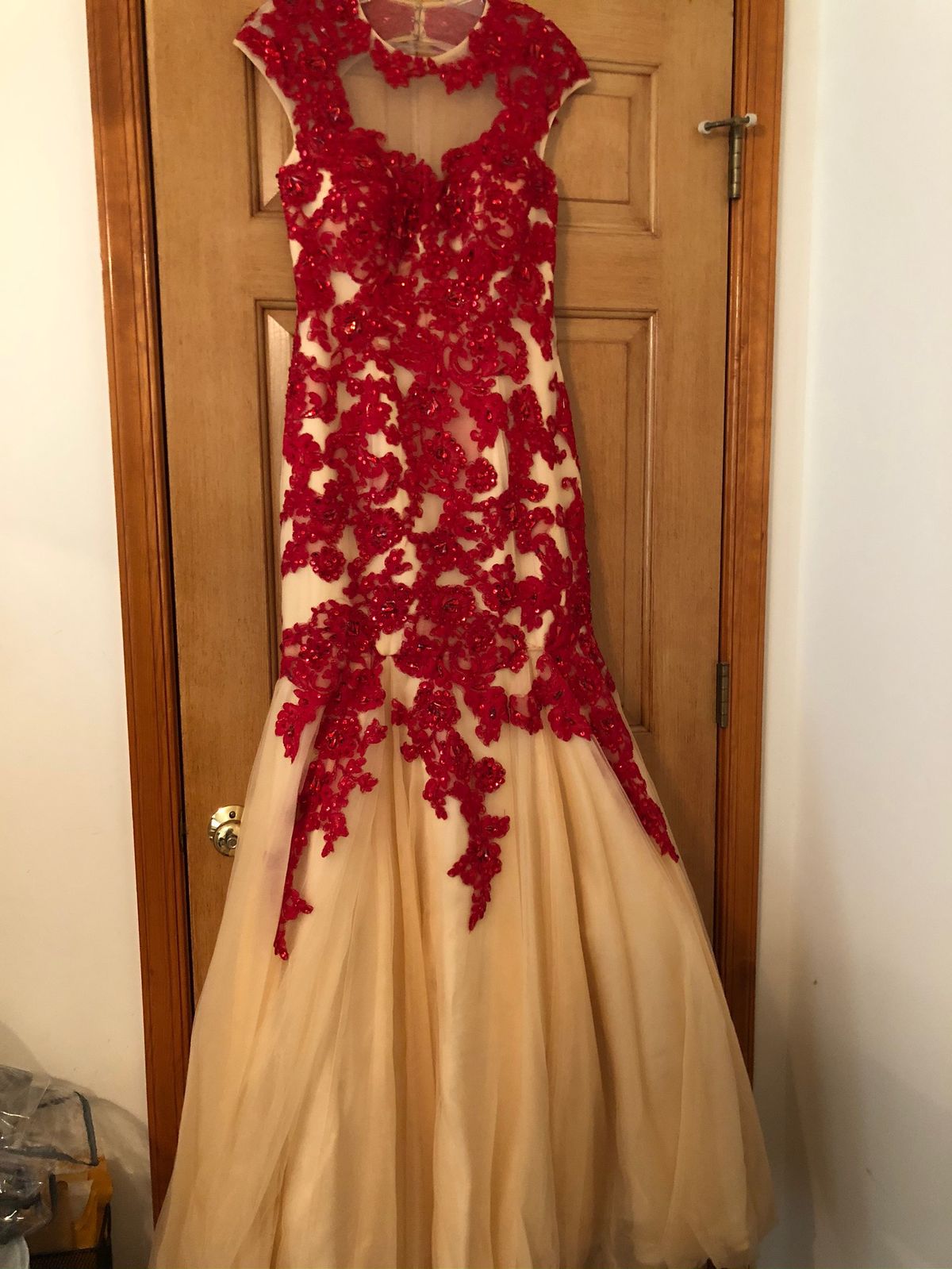 Jovani Size 4 Prom High Neck Lace Red Mermaid Dress on Queenly