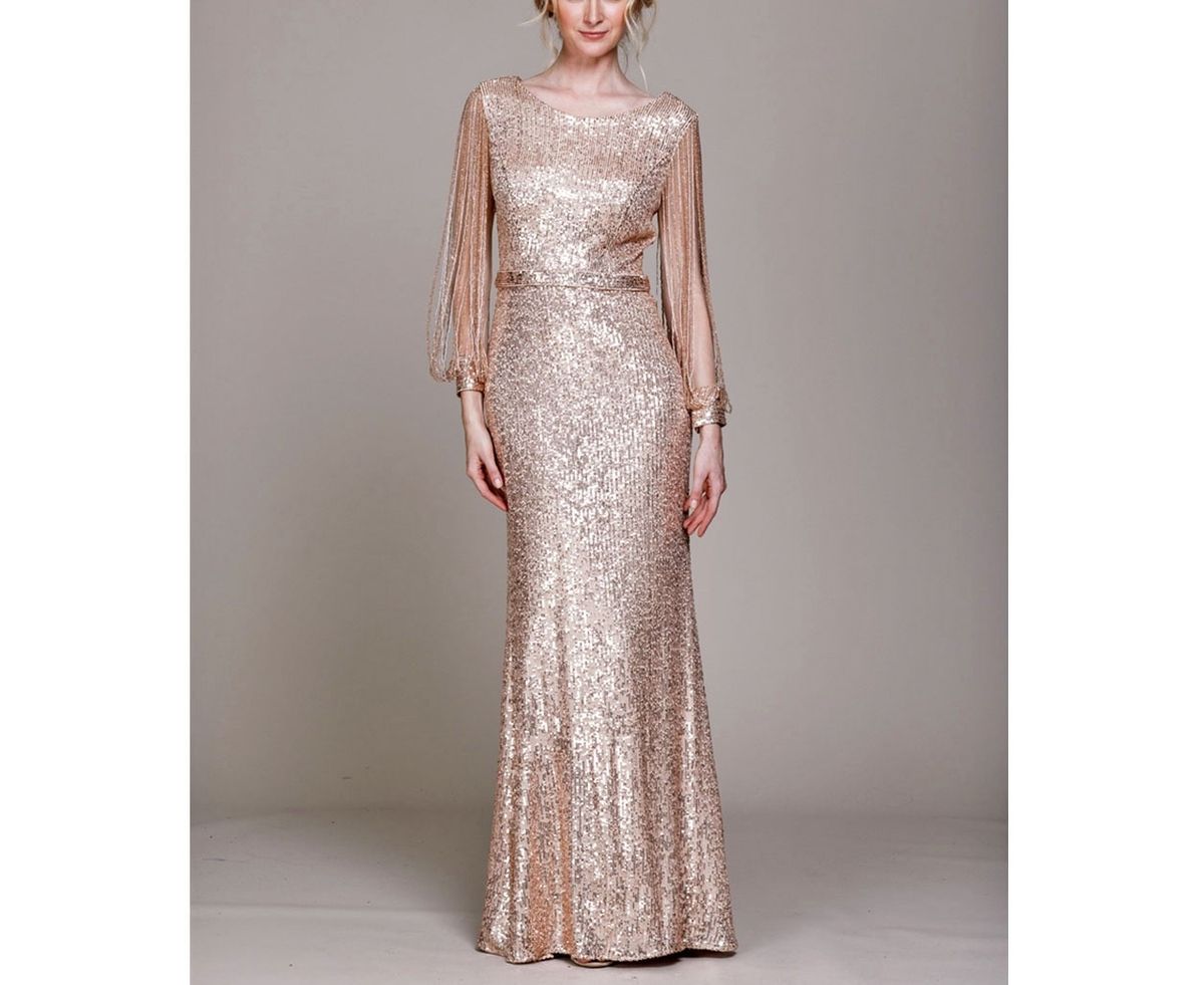 Style Rose Gold Sequined Beaded Long Sleeve Formal Gown Amelia Couture Size 6 Long Sleeve Sequined Gold Floor Length Maxi on Queenly
