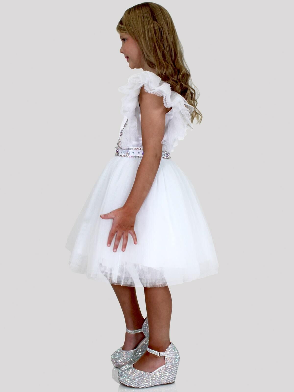 Style 5061 Marc Defang Girls Size 7 Prom Sequined White Cocktail Dress on Queenly